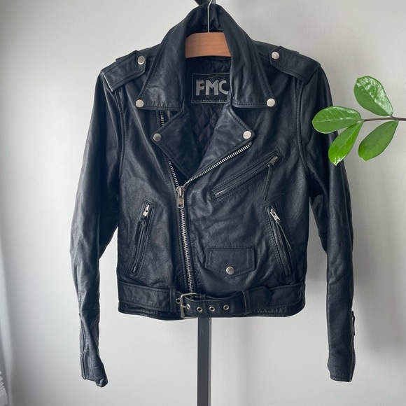 Vintage FMC Genuine 100% Leather Biker Moto Jacket 90s Black Womens Small - Picture 1 of 16